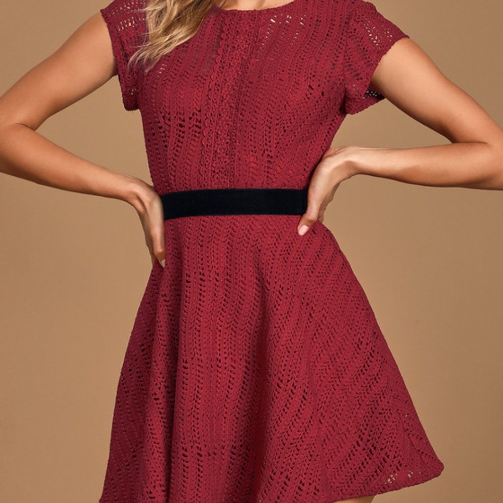 Twirling It Burgundy Crochet Lace Short Sleeve Skater Dress